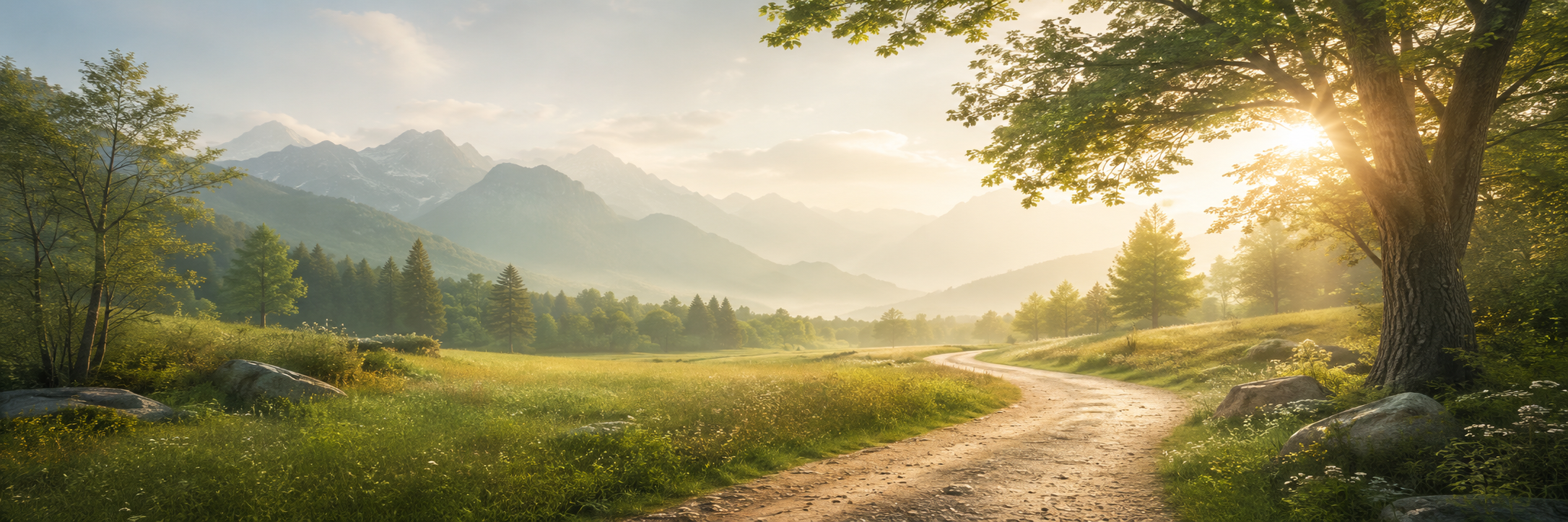 Sunlit mountain landscape with a dirt path winding through green grass and trees, with misty mountains in the background.