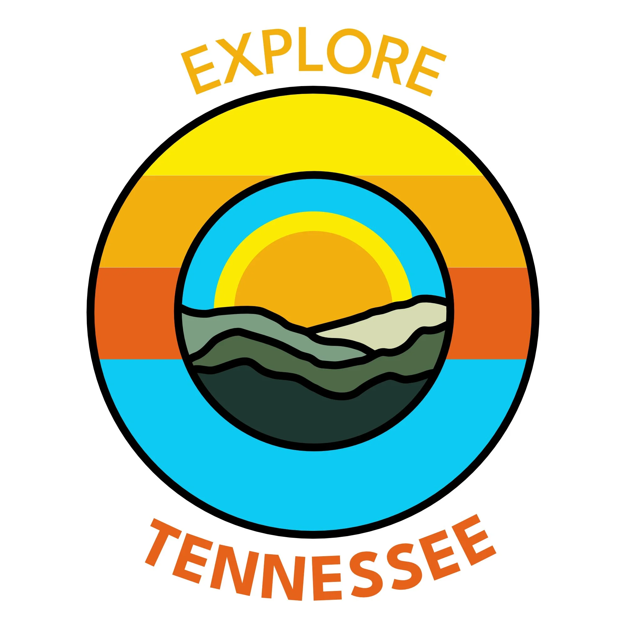 Logo for Tennessee, featuring a circular design with a rainbow, mountain range, and water, and the text 'Explore Tennessee' at the top.