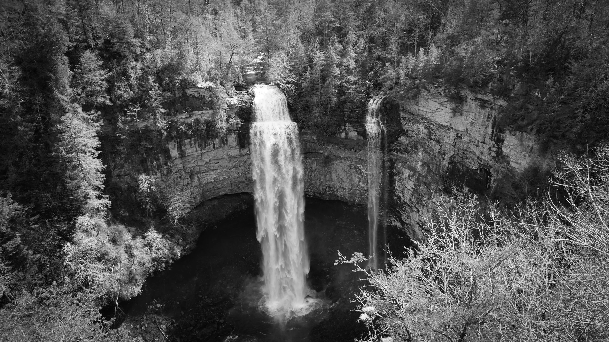 A waterfall cascading over a cliff surrounded by a forest with leafless trees in black and white.