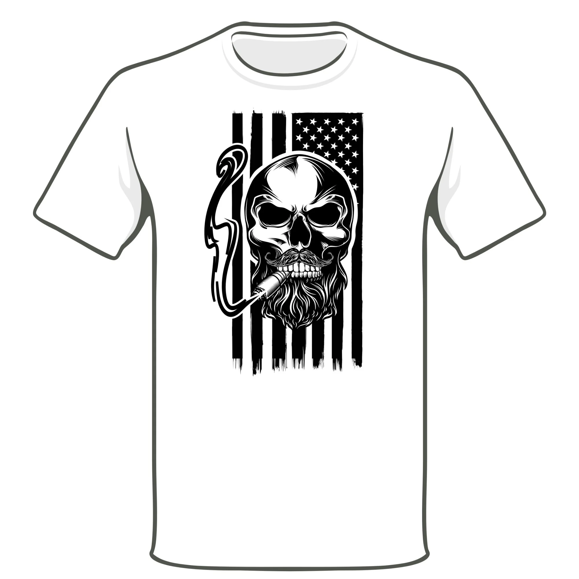 Gray T-shirt featuring a black and white skull with a beard, mustache, and cigar, overlaying an American flag design.