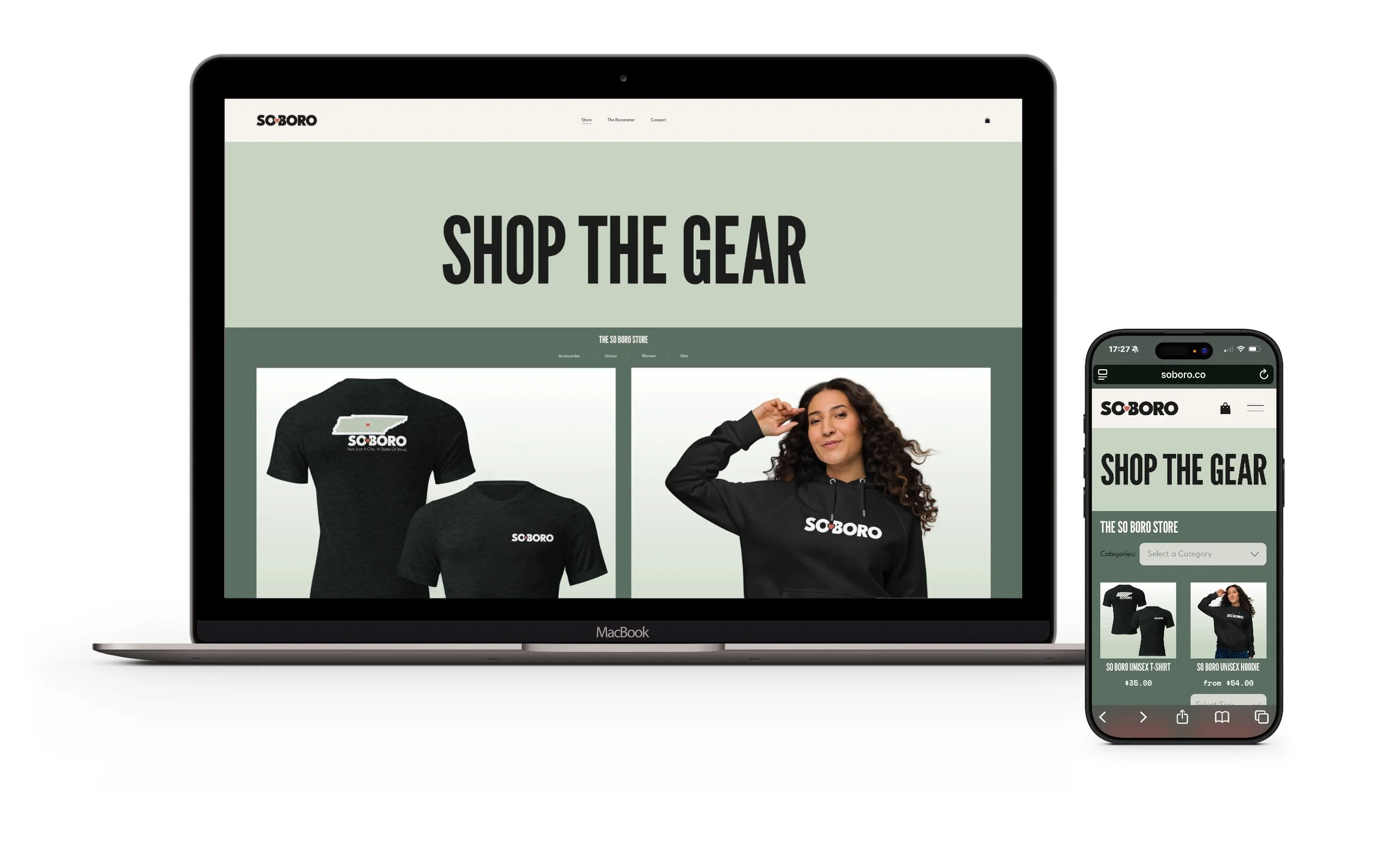 A MacBook laptop and an iPhone displaying the SOBORO online store featuring apparel with the brand logo, including t-shirts and hoodies, on a green and white website design.
