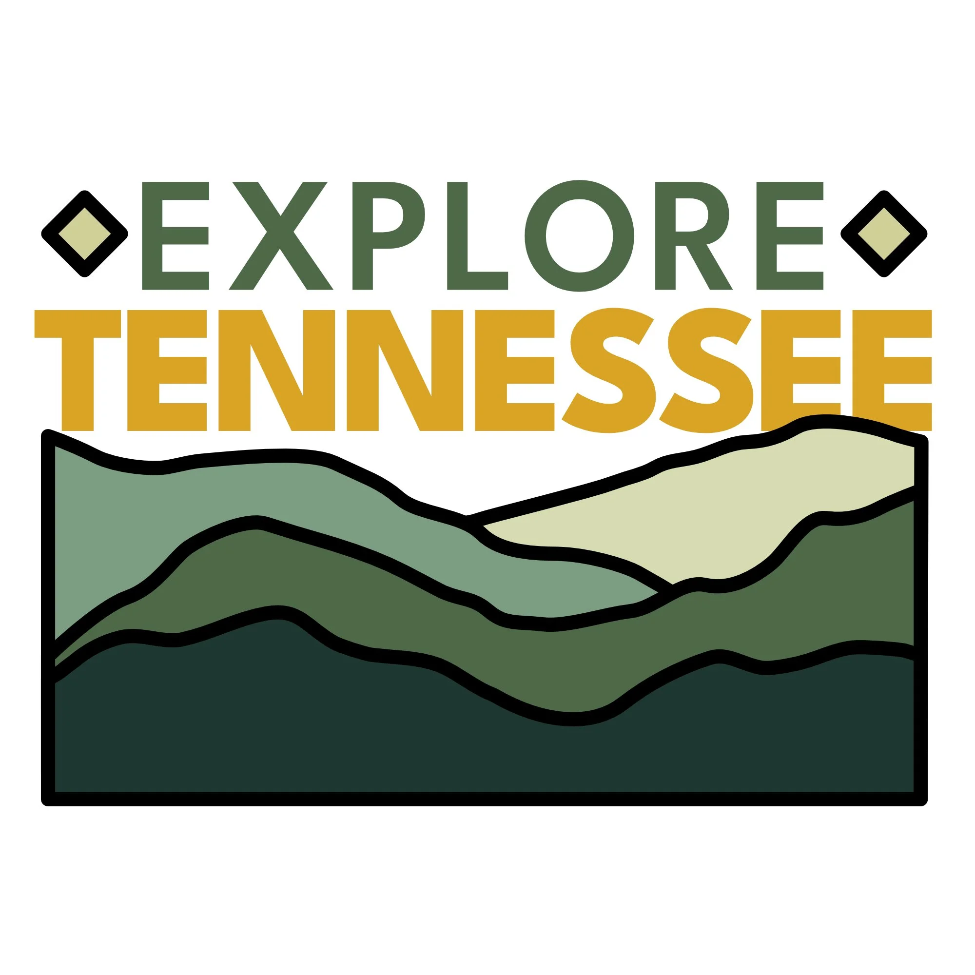 The image has the words Explore Tennessee on it with a stylized mountain landscape and small decorative diamonds.