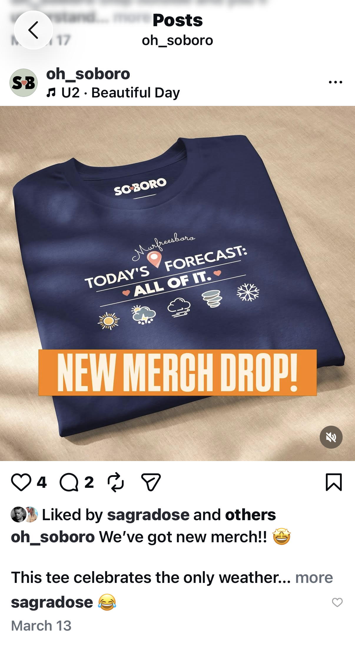 A navy blue T-shirt with white, orange, and gray print that reads "Today's Forecast: All of It" with weather icons and a location, Murfreesboro, TN. An orange banner at the bottom says "New Merch Drop!"