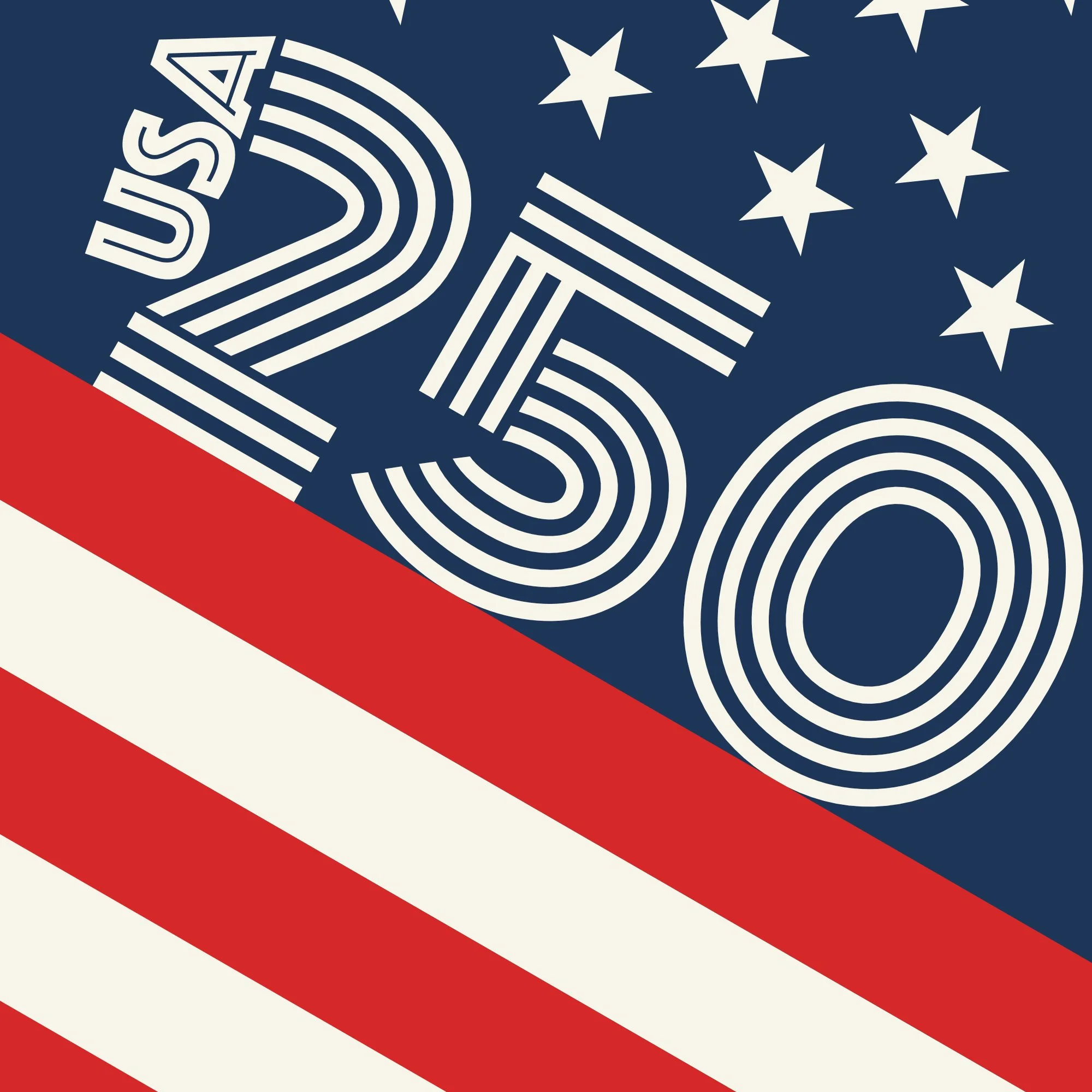 A stylized American flag design with blue background, white stars, and red and white stripes, featuring the word 'USA' and wavy lines.