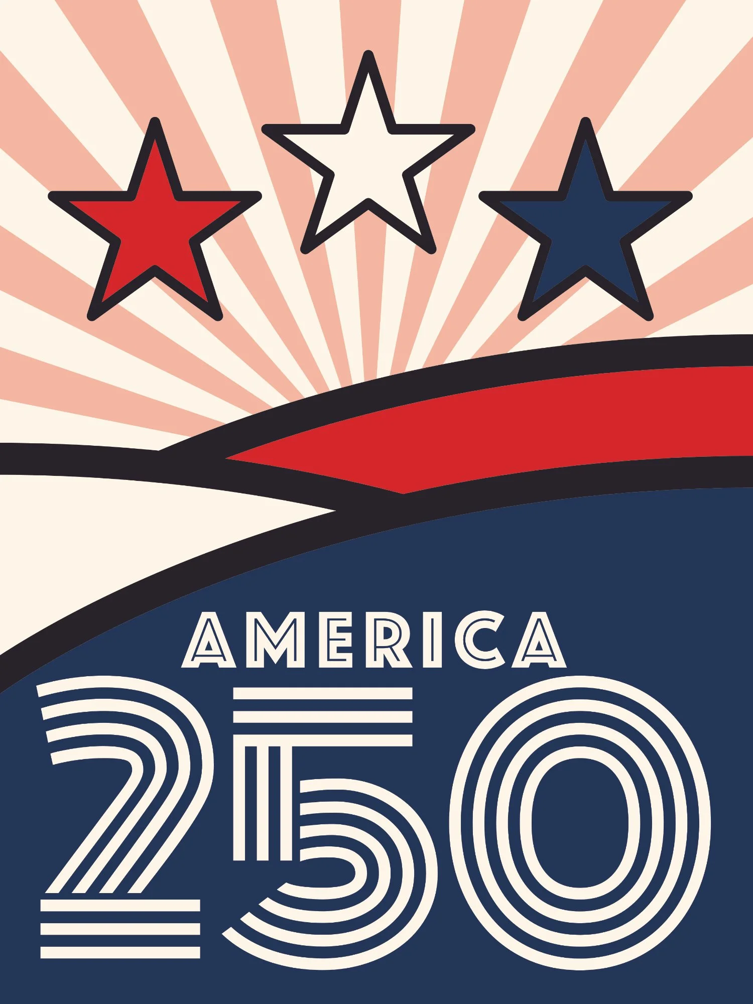 Red, white, and blue stars above the text 'America 245' with a patriotic background design.