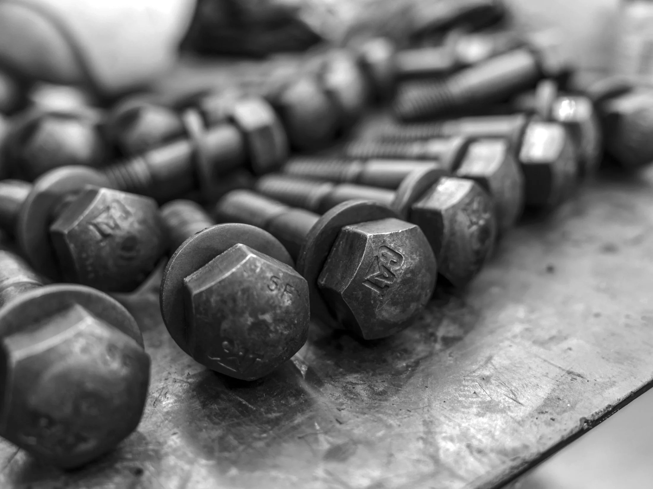Close-up black and white photograph of a row of metal nuts and bolts on a work surface.