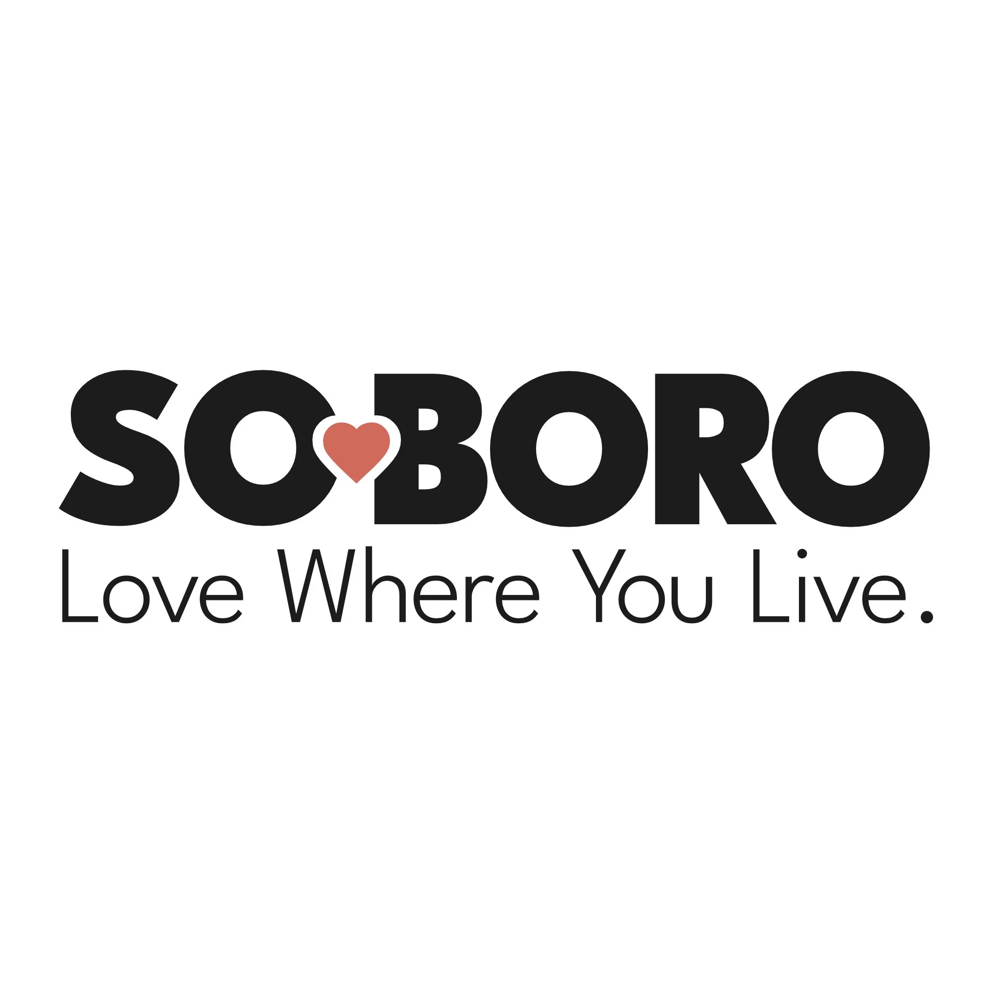 Close-up of text reading 'SOBORO' with a heart shape replacing the letter 'O' and smaller text underneath that reads 'Love Where You Live'.
