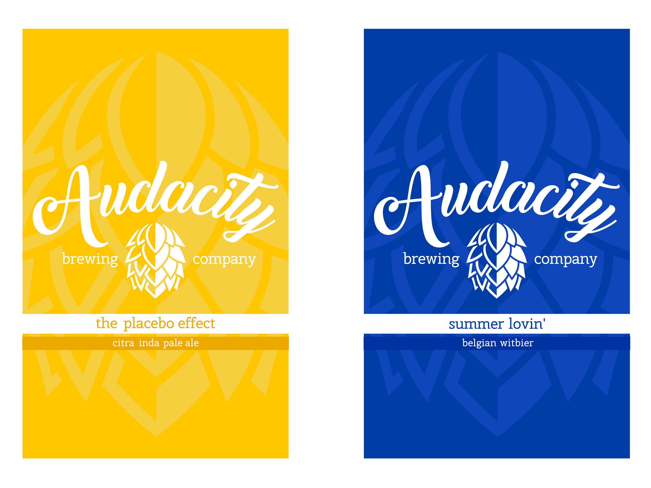 Two colorful beer labels. The left label is yellow with the word 'Audacity' in white cursive, with hop graphic and text 'brewing company', 'the placebo effect', and 'citra inda pale ale'. The right label is blue with the same word 'Audacity' in white