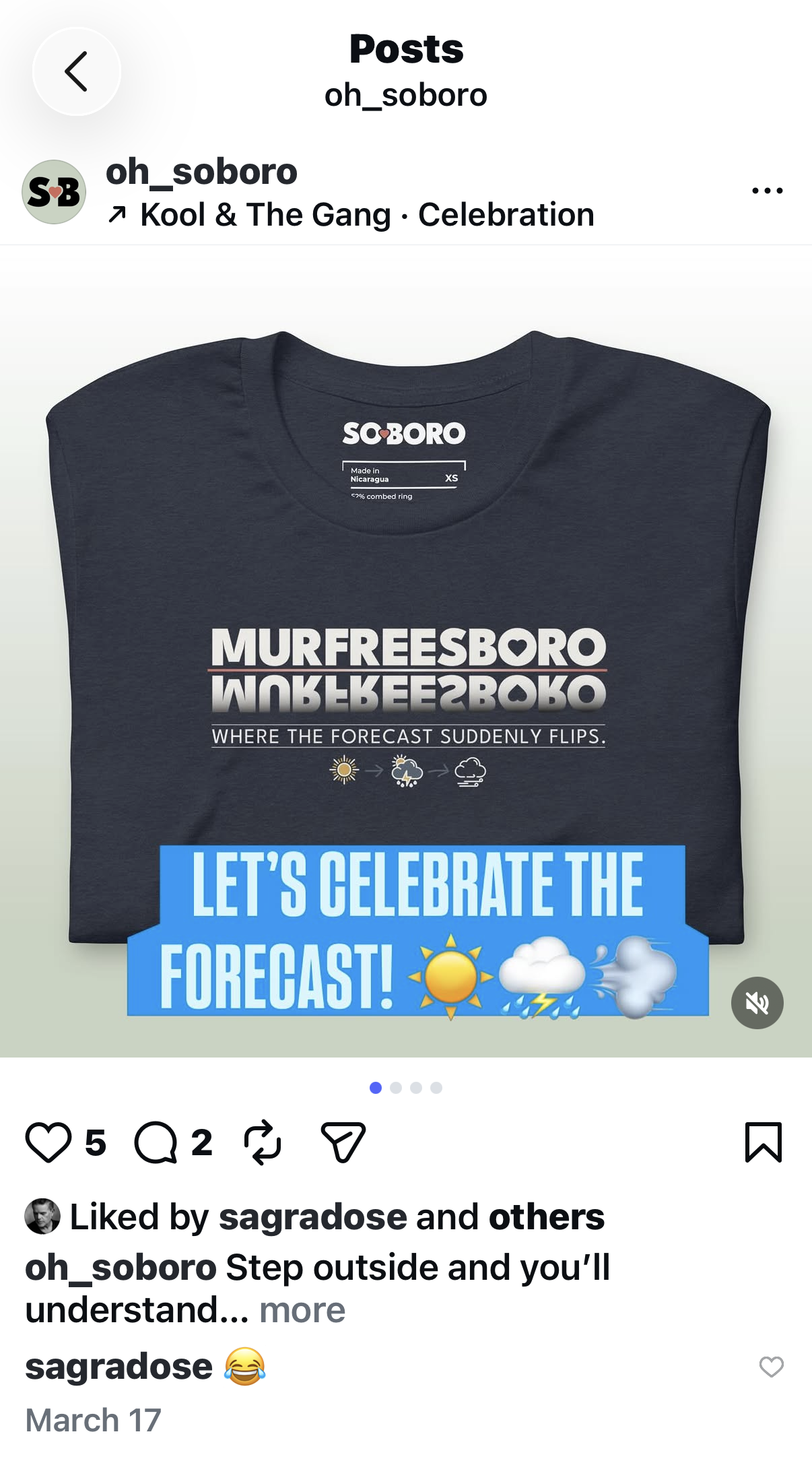 Graphic design t-shirt with weather forecast icons, Murfreesboro in large text, and the text 'Let's celebrate the forecast!'