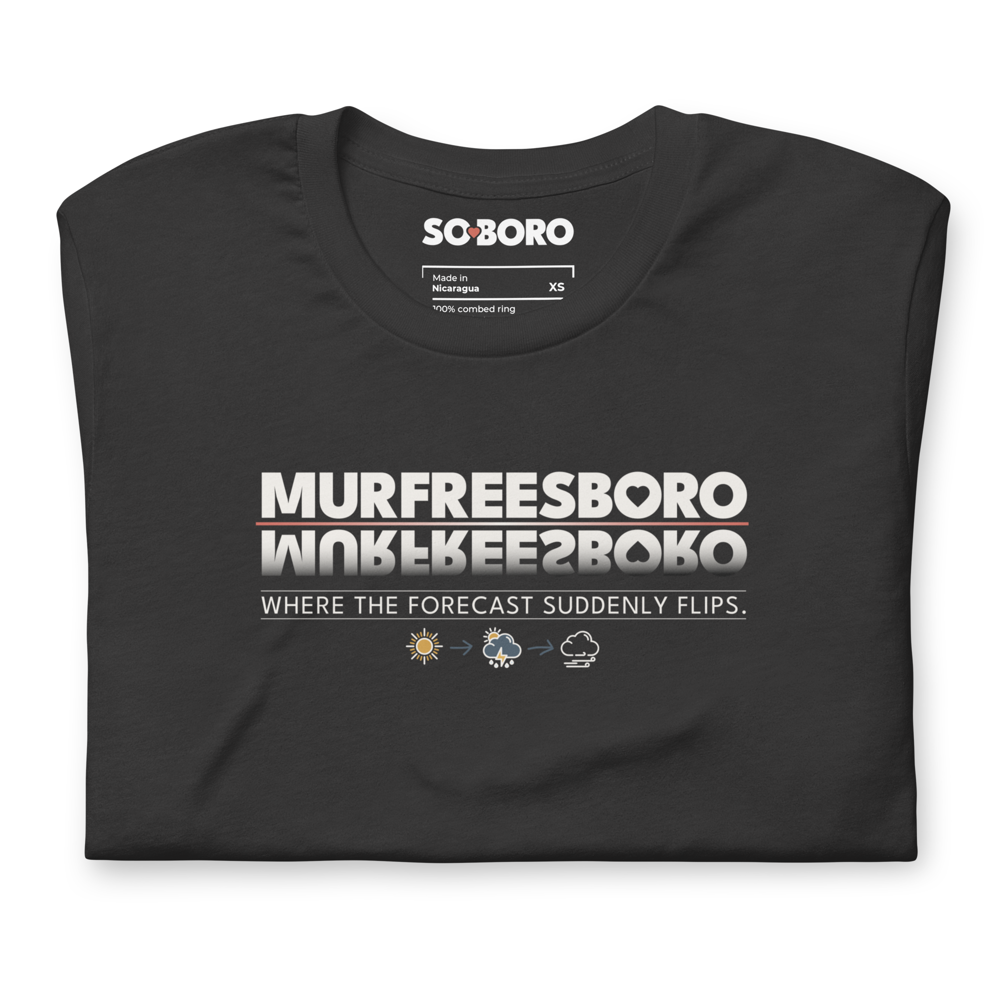 Black t-shirt with white text and weather icons. Text reads "MURFREESBORO" and below is forecast icons of sun, clouds, and lightning.