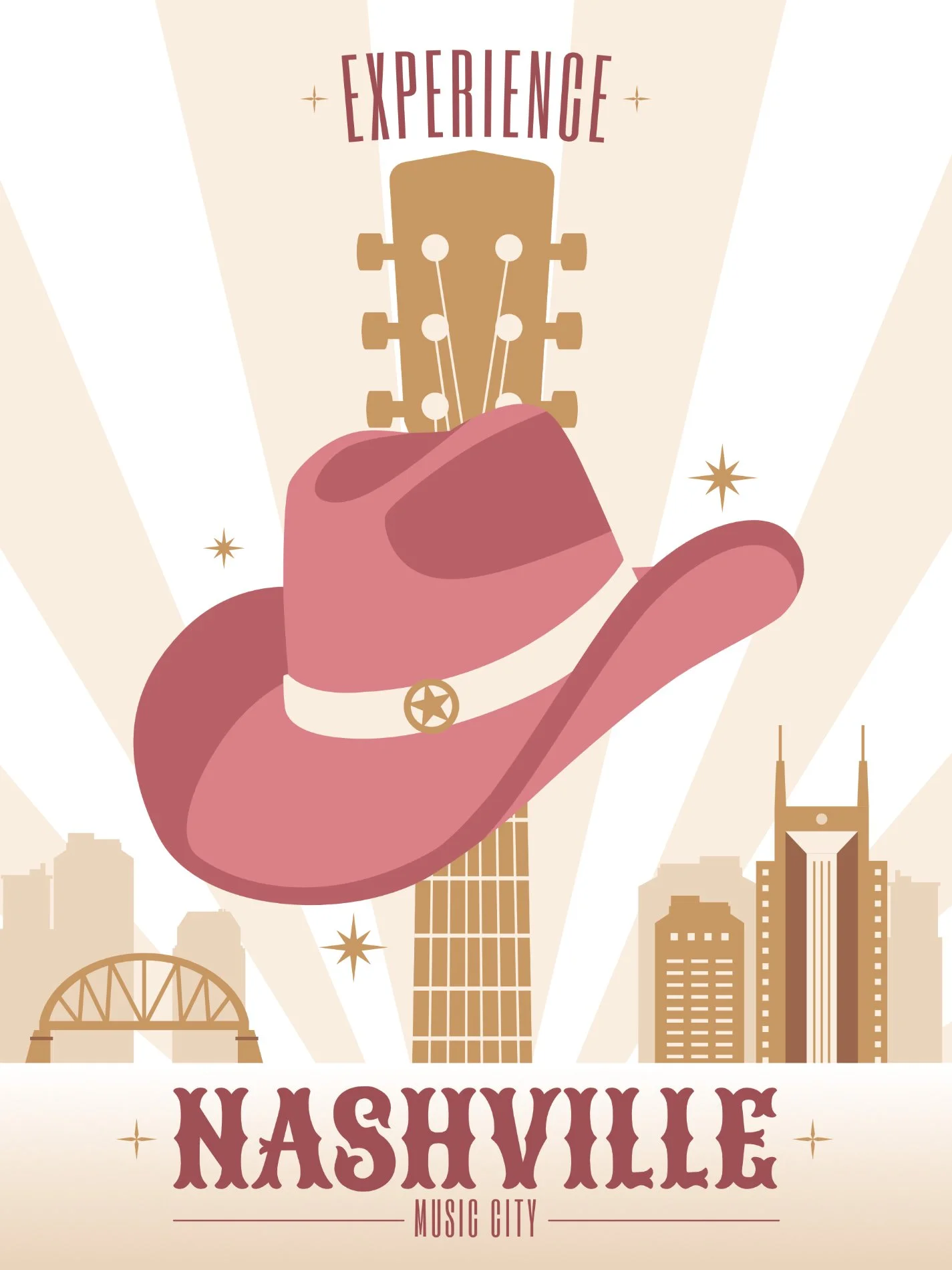 Stylized illustration of Nashville, Tennessee with a large hat with a guitar neck, city skyline including iconic buildings, and the words 'Experience Nashville' and 'Music City'.