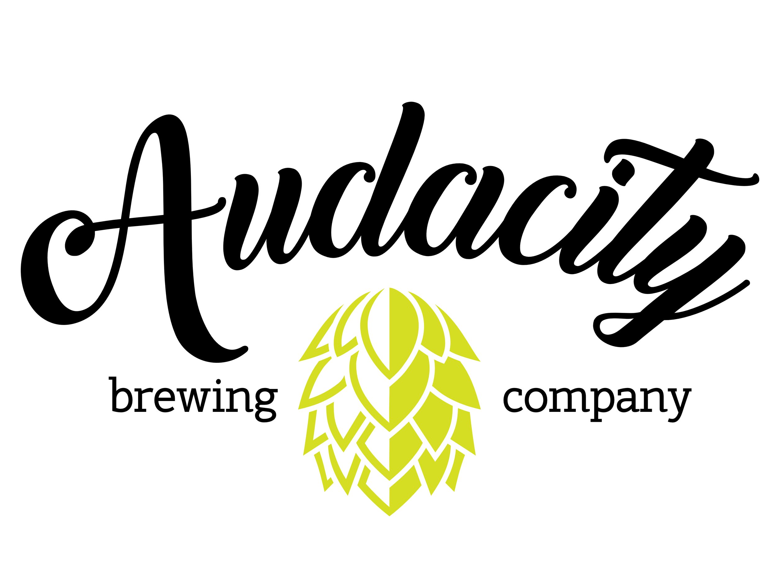 Logo for Audacity Brewing Company featuring stylized black script text and a green hop cone illustration.