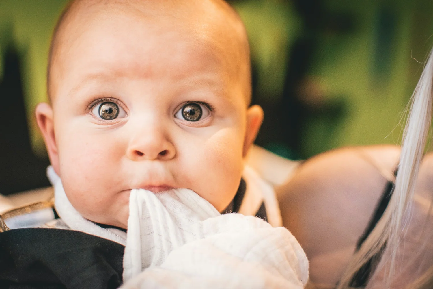 A baby chewing on the strap of a carrier — oral sensory seeking in action