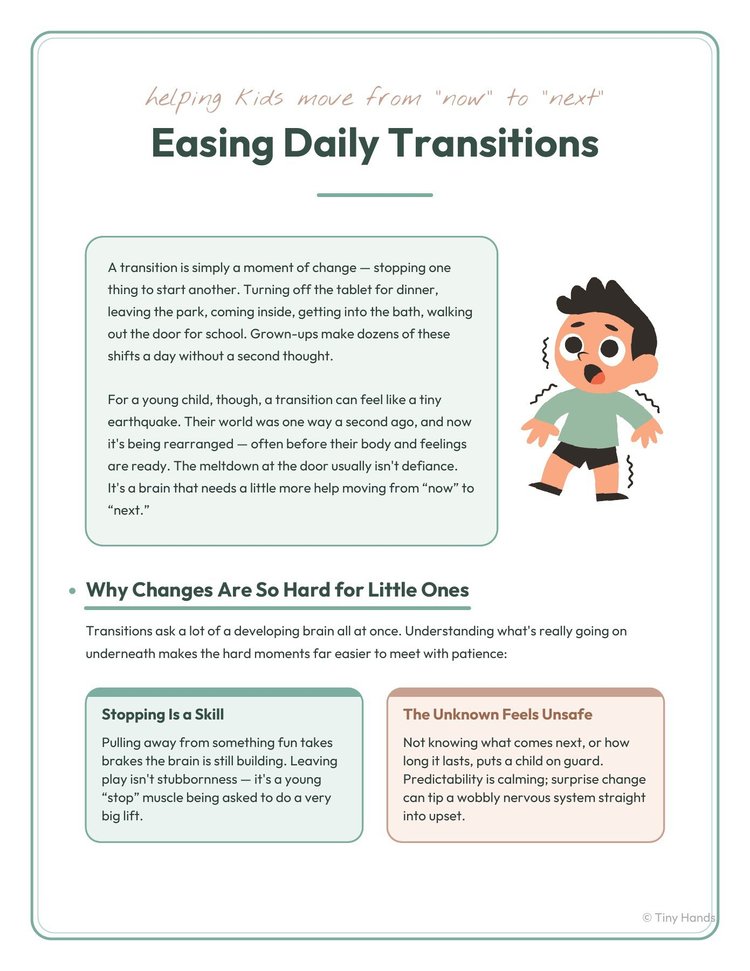 Easing Daily Transitions cover — Tiny Hands free printable guide to transitions