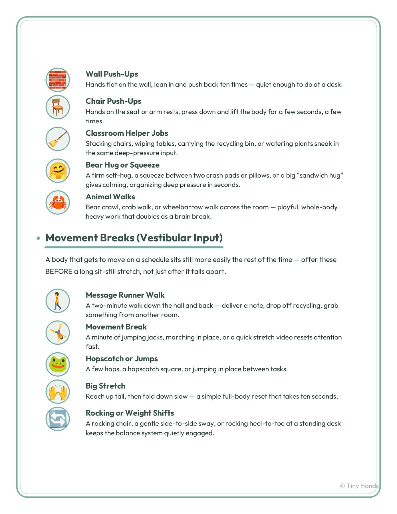 School Sensory Diet Cheat Sheet