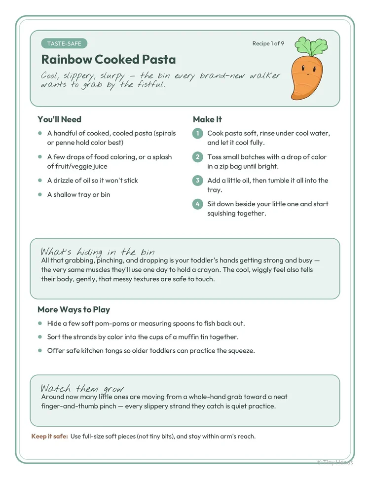 Taste-Safe Sensory Bins for Toddlers cover — Tiny Hands printable sensory bin recipe cards