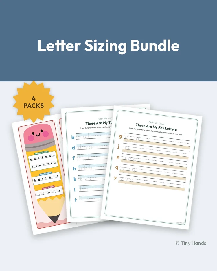 Letter Sizing Bundle cover — Tiny Hands printable letter size practice worksheets