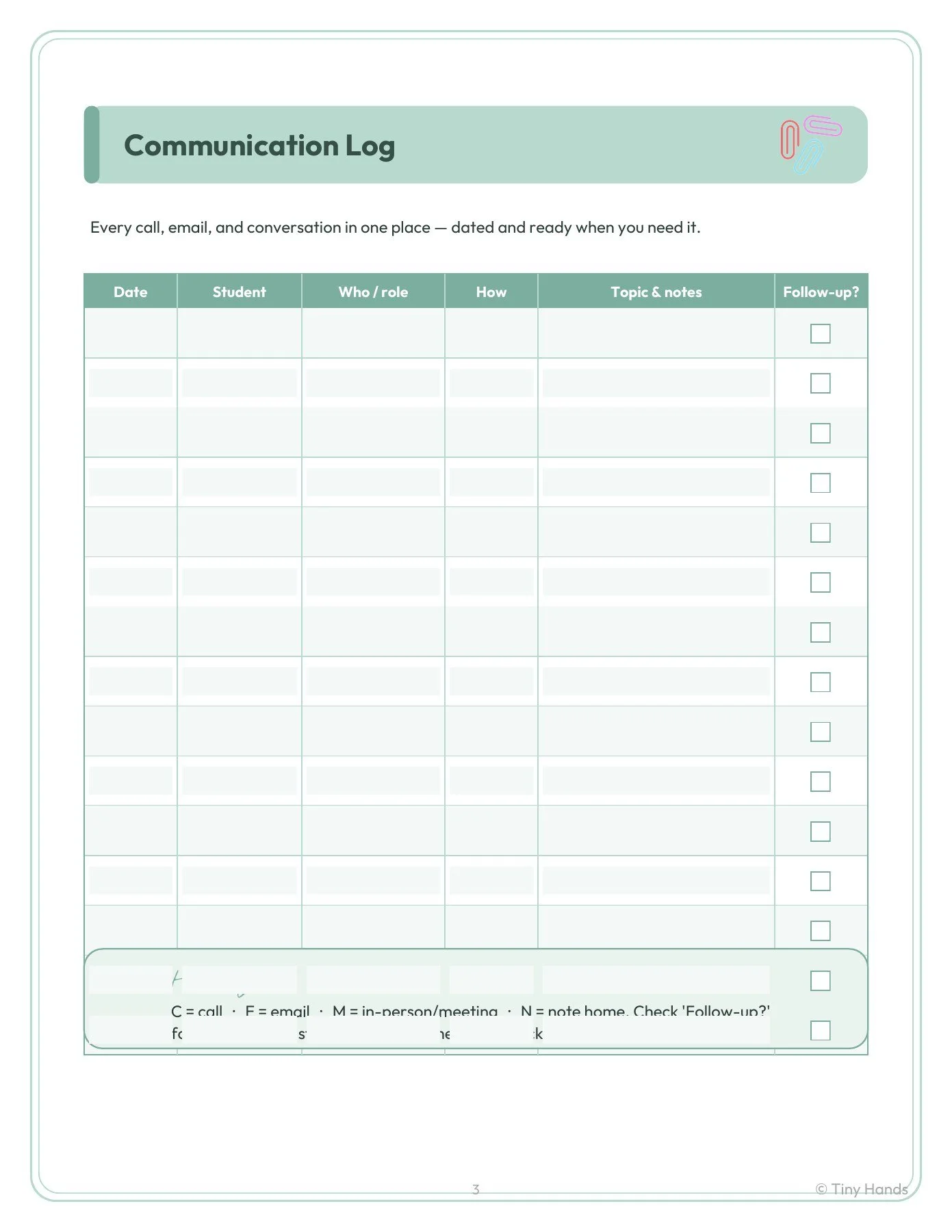 Parent & Teacher Contact Log
