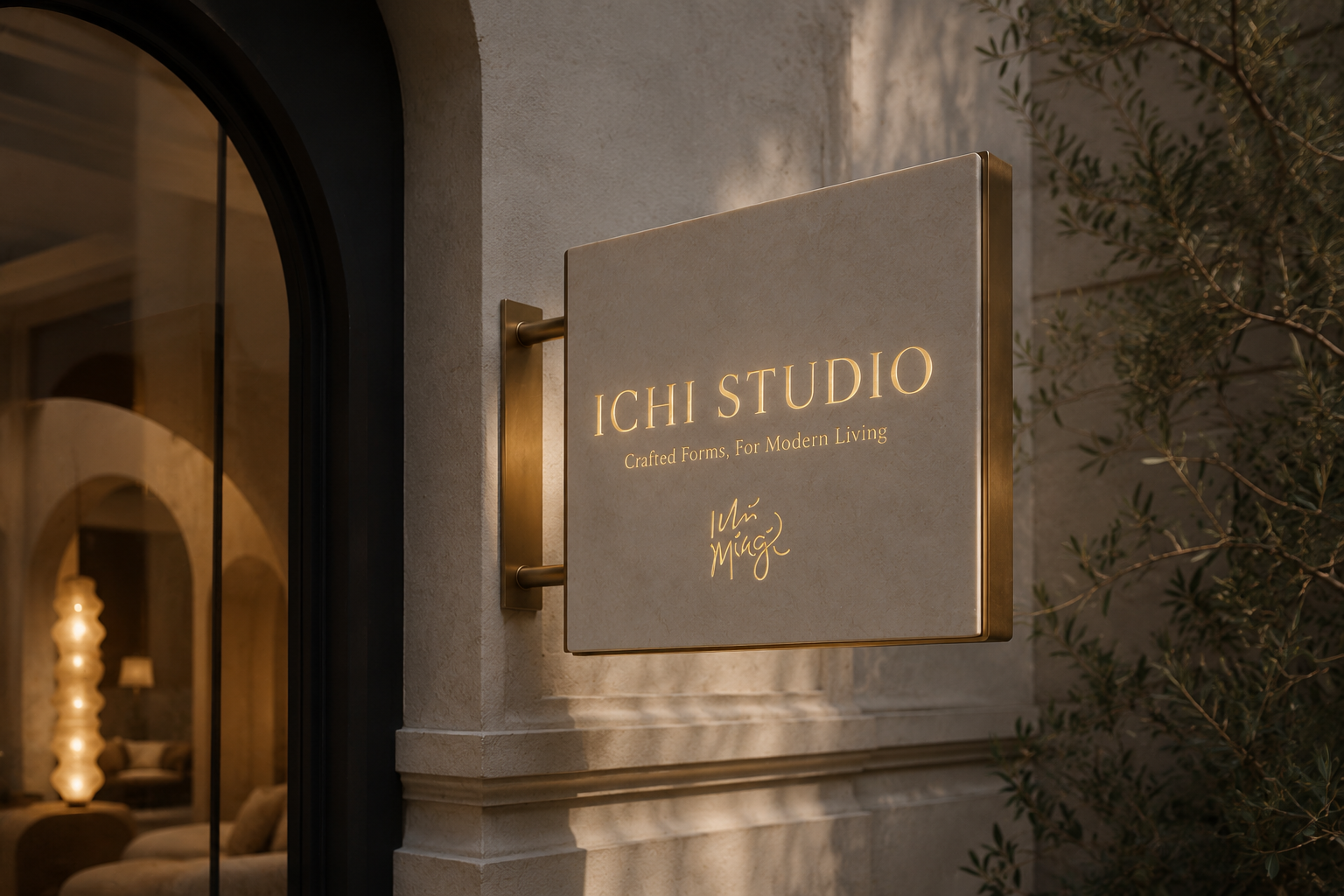 Exterior sign for ICHI STUDIO with the tagline Crafted Forms, For Modern Living mounted on the wall near an arched doorway, with the interior visible through the glass showing a cozy living space with contemporary furniture and lighting.