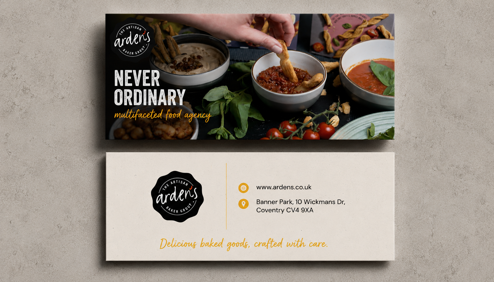 A food agency business card with a photo of bowls of pasta sauce and toppings, some cherry tomatoes, and basil leaves on a black surface. The card features the logo of Ardens artisan baker group, the tagline "Never Ordinary," their website (ardens.co.uk), physical address in Coventry, and the slogan "Delicious baked goods, crafted with care."
