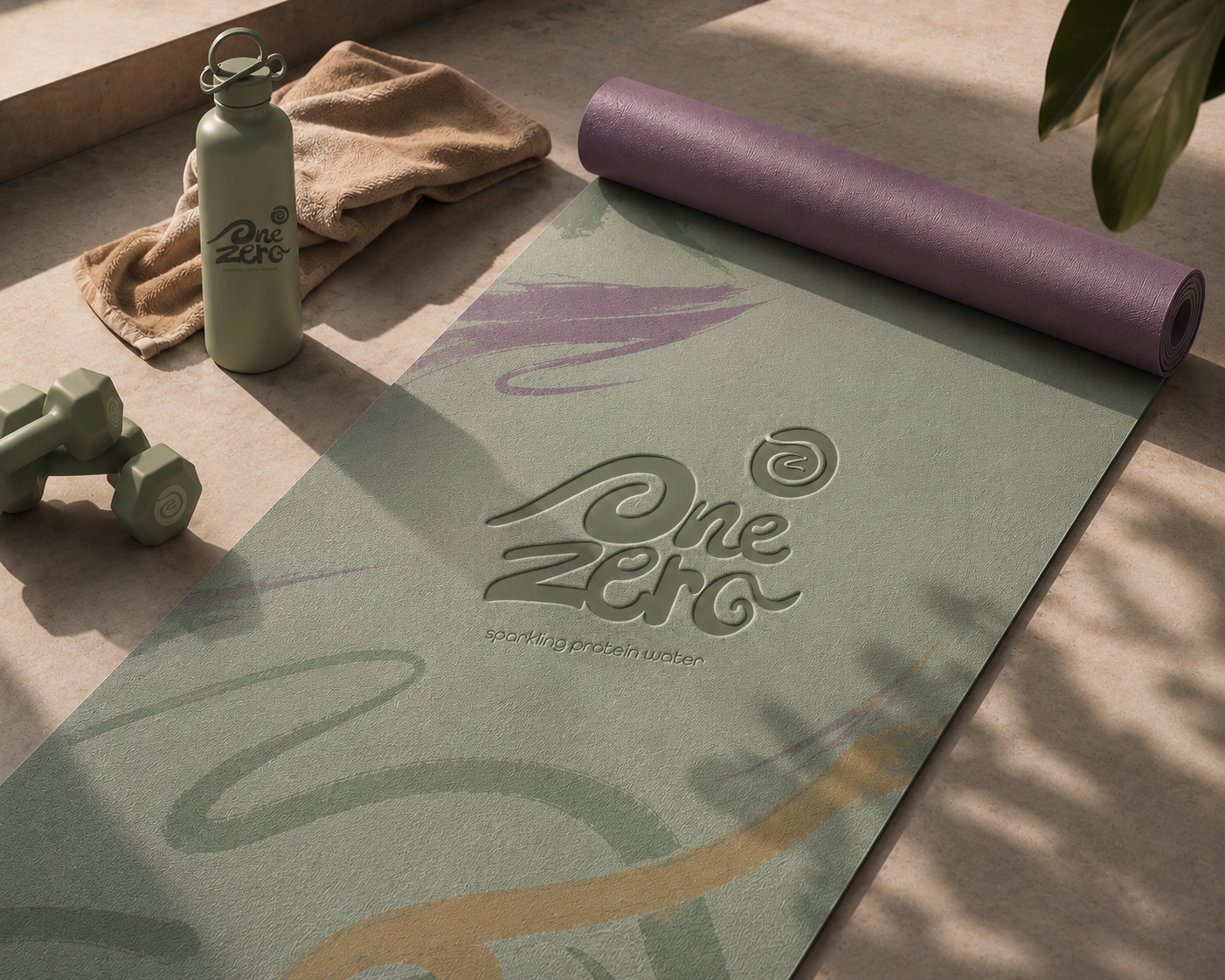 A yoga mat with the logo 'One Zero Sparkling Protein Water' on it, placed on a floor near a water bottle, dumbbells, a towel, and a purple rolled-up yoga mat, with sunlight and shadows.