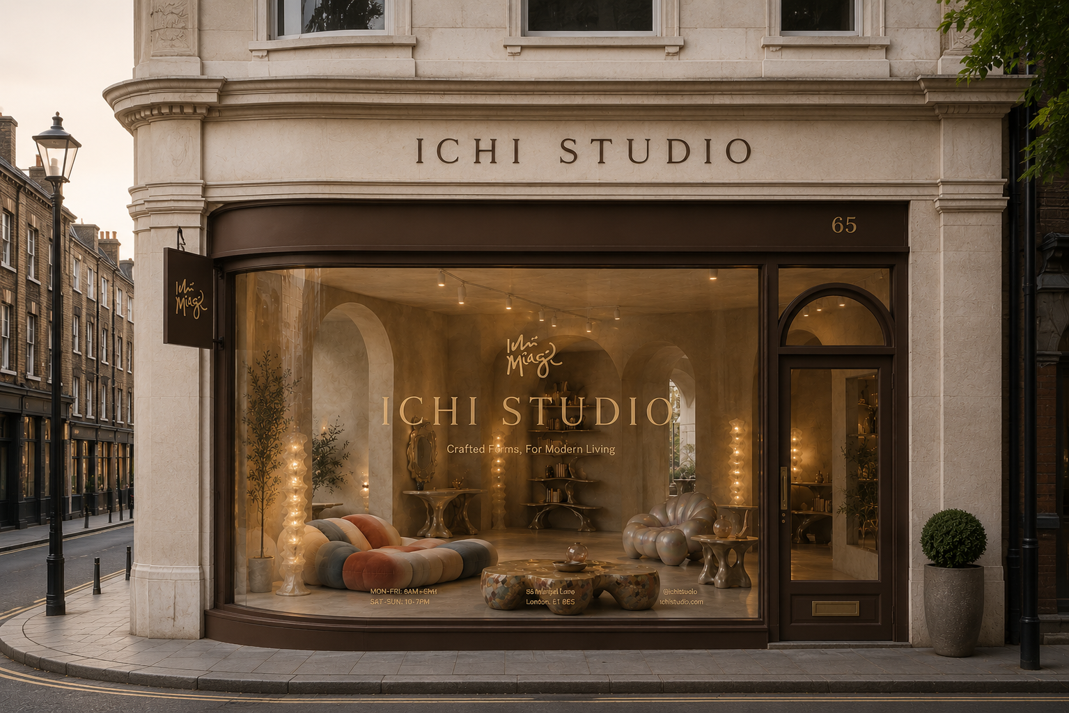 Storefront for ICHI STUDIO featuring a large glass window displaying modern, sculptural furniture and home decor in a neutral palette, with the store name and slogan visible.