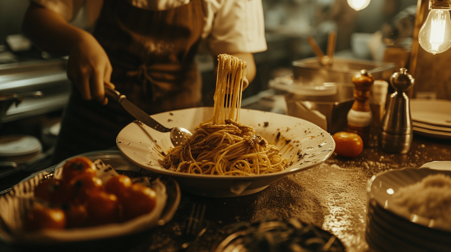 A person serving spaghetti in a restaurant kitchen with various ingredients and utensils on the counter, warm ambient lighting.