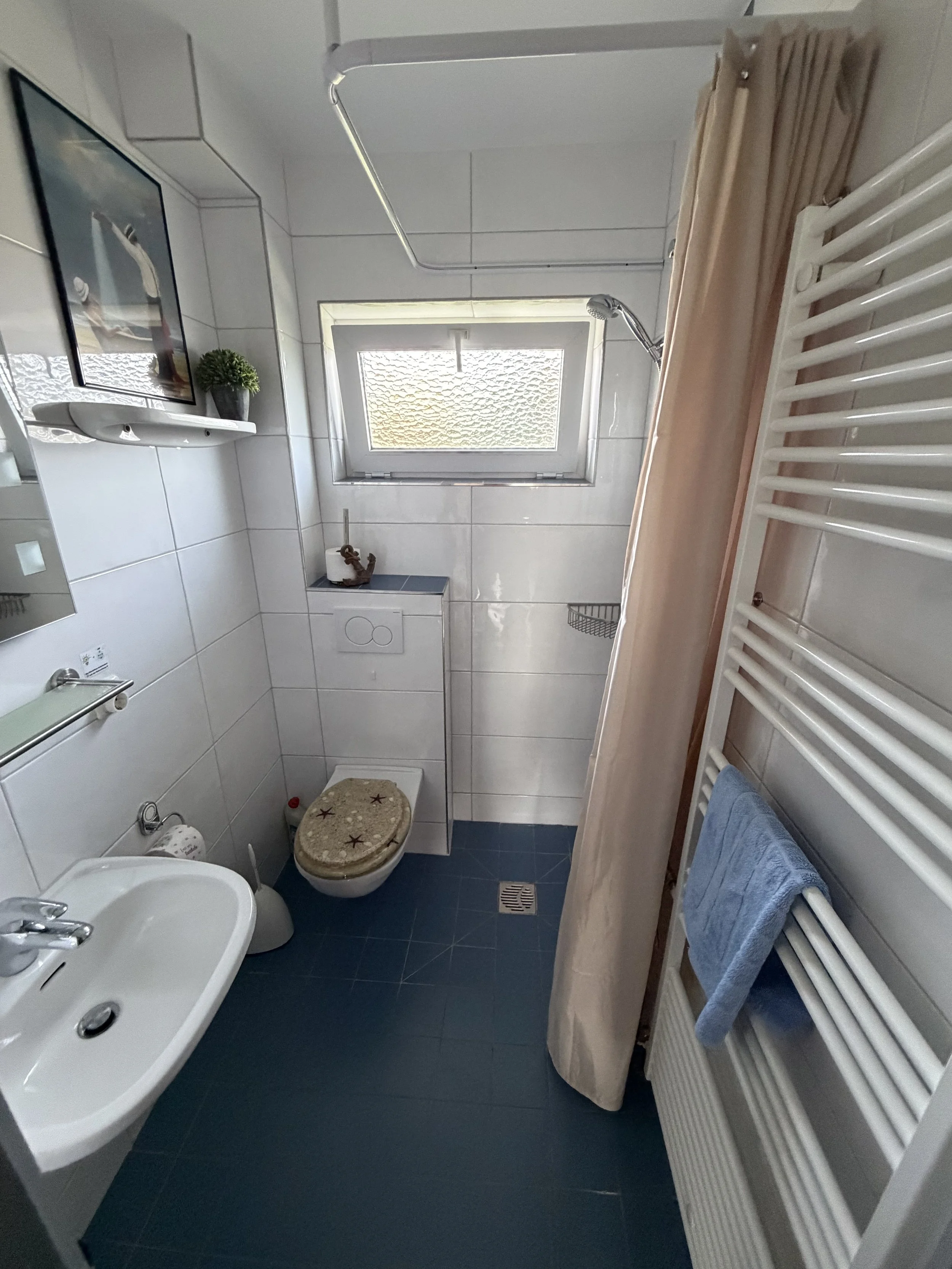 Ein kleines Badezimmer mit weißem Waschbecken, Toilette mit Sternen verzierten Sitz, Spiegel, Bett im Vordergrund, Fenster, Handtuchheizung mit Handtüchern, dunklen Fliesen, Duschkopf, Fenster auf der Wand, Duschvorhang.