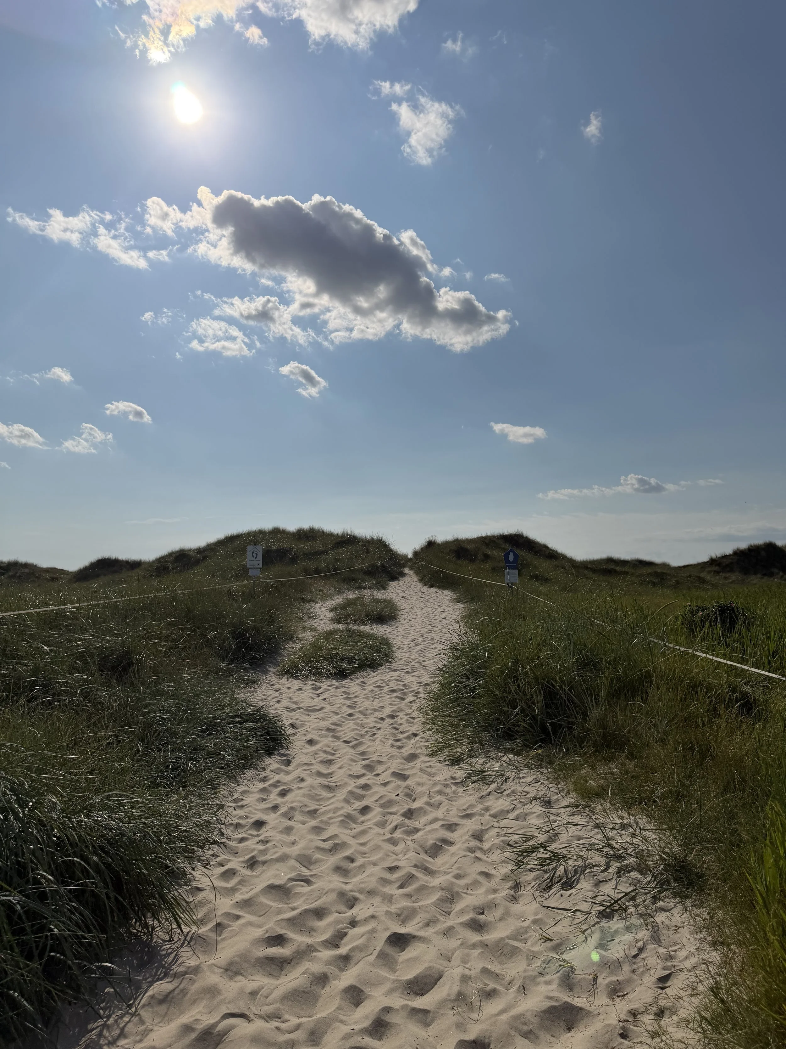 Ein sandiger Pfad führt durch Dünen mit grünem Gras auf beiden Seiten. Im Himmel sind einige Wolken und die Sonne scheint, während die Wolken Schatten auf den Boden werfen.