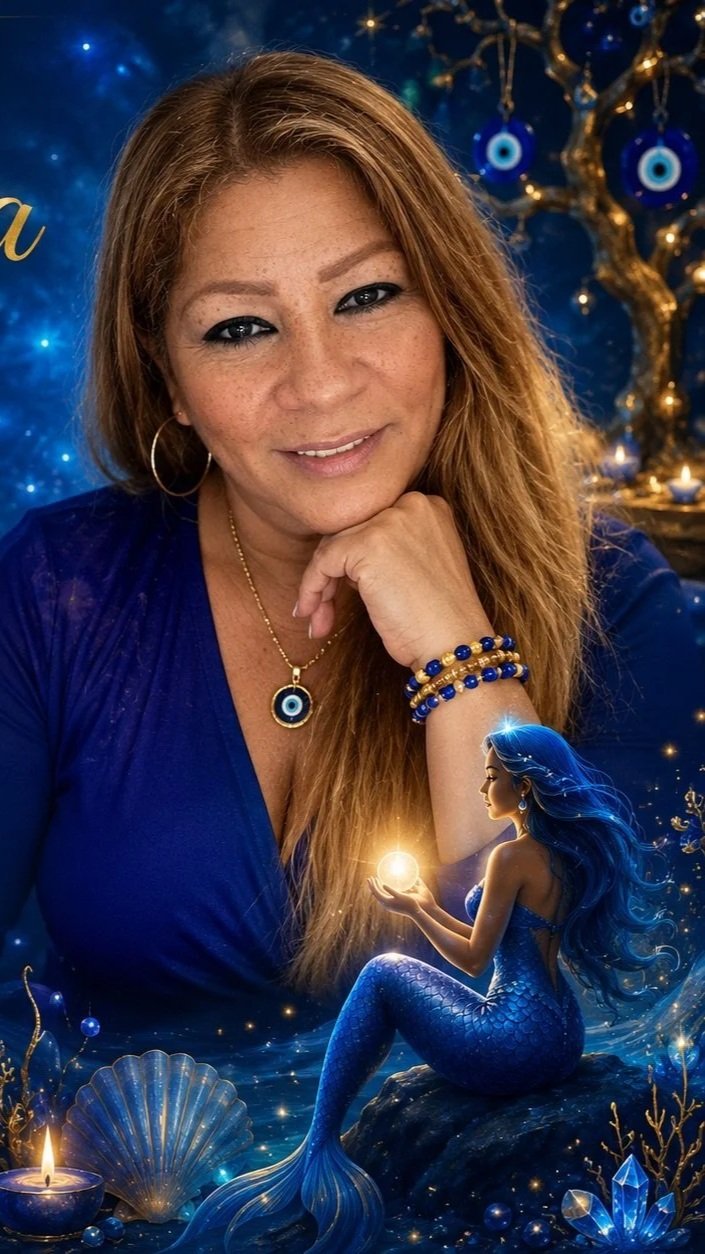 Retrato de una mujer con cabello castaño, ojos oscuros y piel clara, vestida con blusa azul, usando aretes y collar con el símbolo de la mano de Fátima, rodeada de decoraciones navideñas y una figura de sirena con cabello azul sosteniendo una bola de luz, en un fondo con tonos azules y detalles dorados.