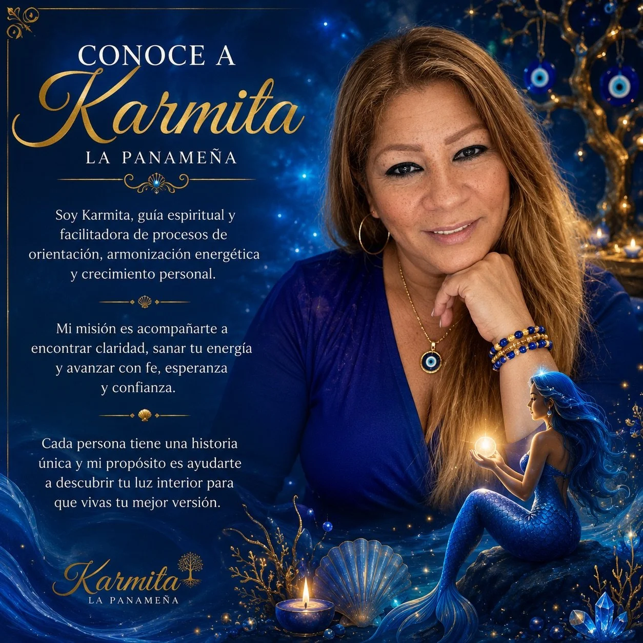 Publicidad de Karmita La Panameña, con una mujer de cabello rizado, tez clara, ropa azul, rodeada de elementos místicos y marinos, con accesorios azules y dorados, y una ilustración de una sirena con cabello azul y cola brillante