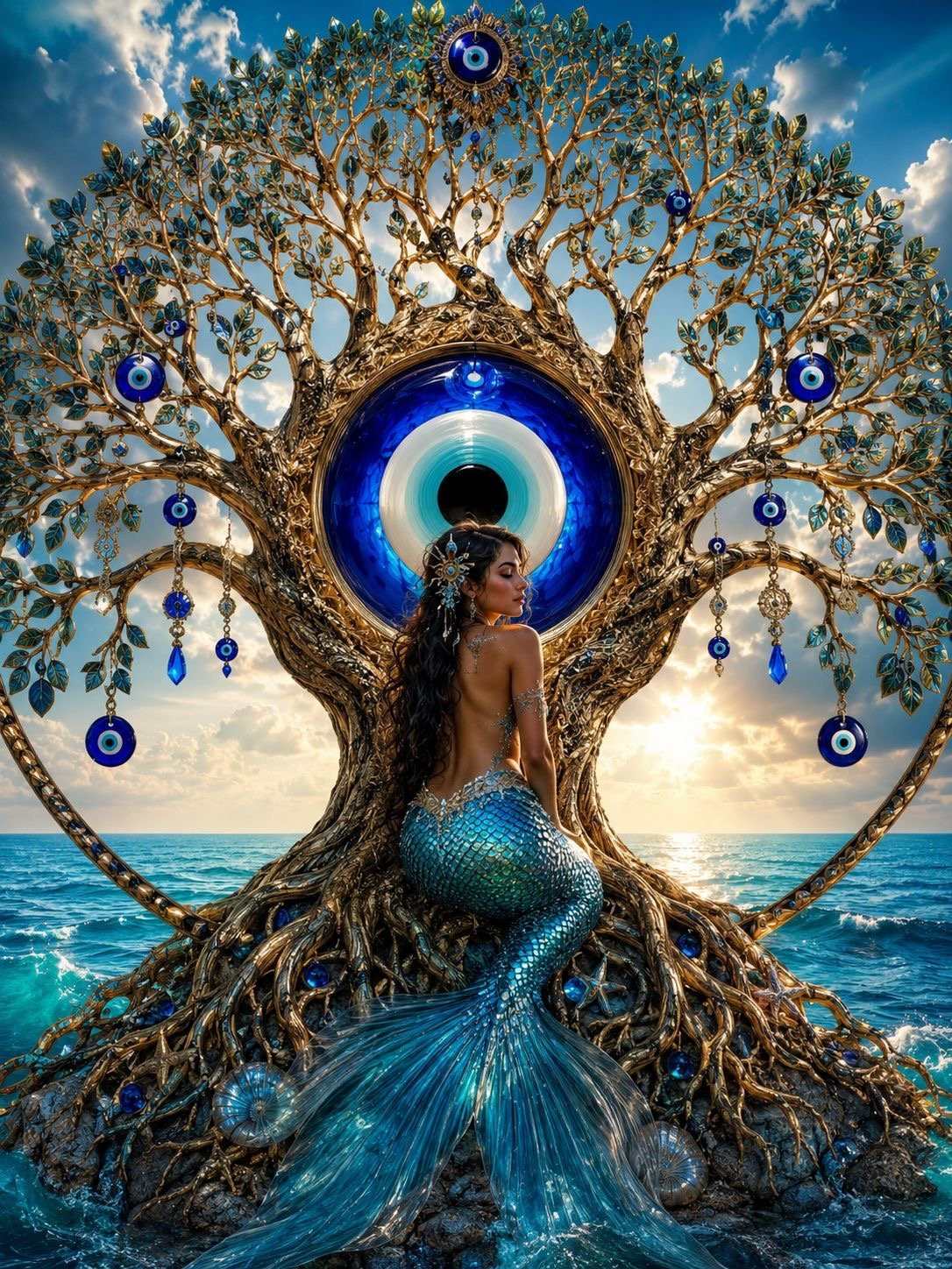 Mujer sirena con cuerpo escamoso azul sentada junto a un árbol dorado en el mar, con un ojo gigante en el centro del árbol y adornos de ojos azules colgando de sus ramas, bajo cielo soleado.