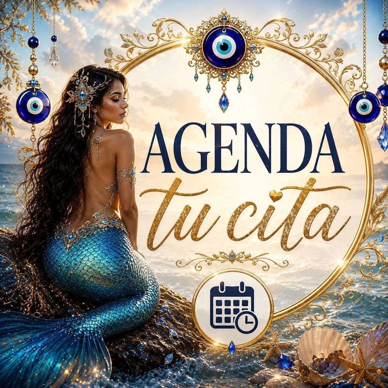 Agenda de sirena con fondo marino y cielo en atardecer, con texto en español 'Agenda tu cita' y un icono de calendario.