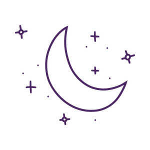 A crescent moon surrounded by stars and sparkles on a black background.