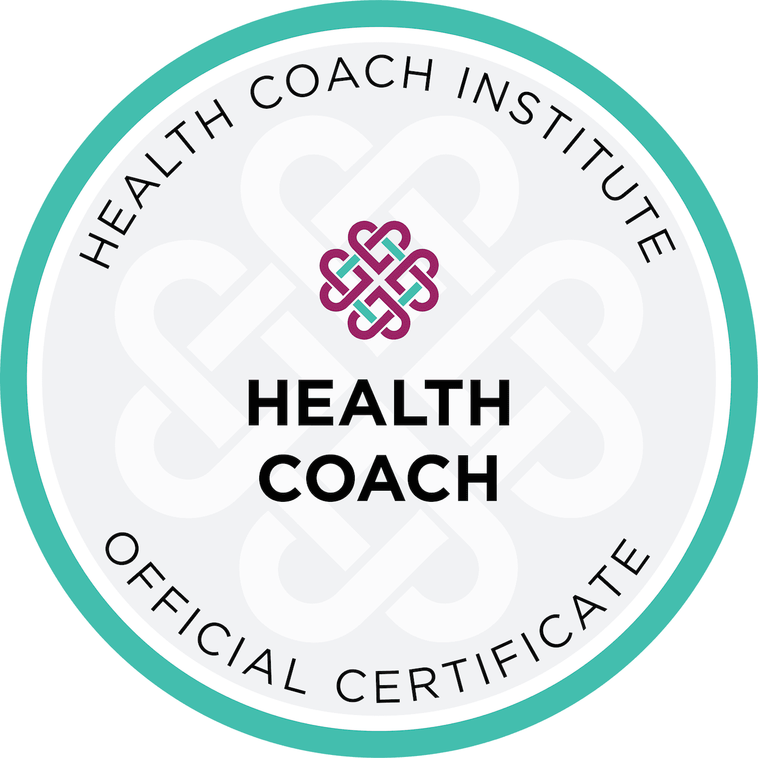 A circular badge with a teal border that reads 'Health Coach Institute.' Inside the badge there's a stylized geometric logo and text that says 'Health Coach' in bold black letters and 'Official Certification' at the bottom.
