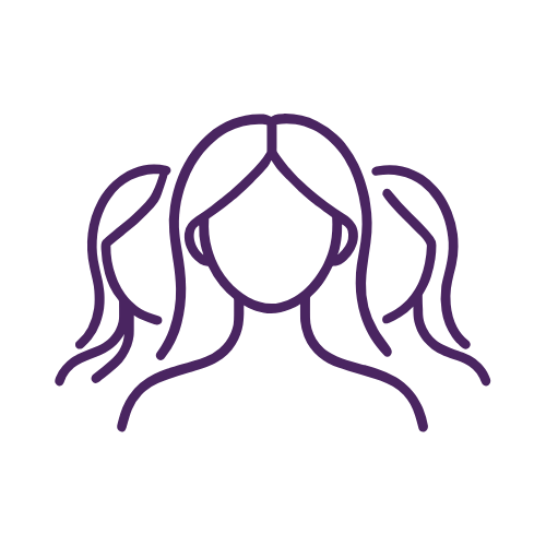 Outline drawing of a woman with long hair in two pigtails, facing forward.