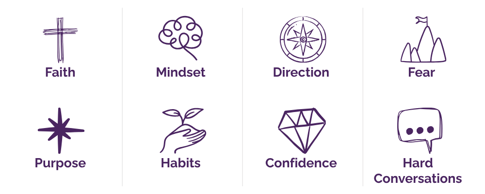 A graphic with eight icons and words in purple representing positive personal qualities: Faith (cross), Mindset (brain), Direction (compass), Fear (mountain), Purpose (star), Habits (hand with sprouting leaves), Confidence (diamond), Hard Conversations (speech bubble).