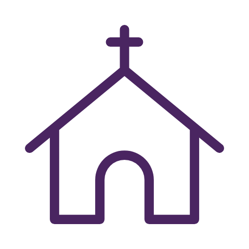 Outline of a small church with a cross on top in purple.