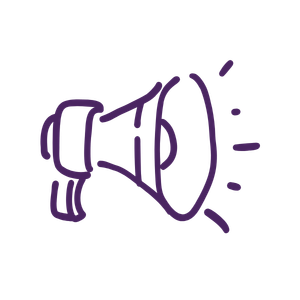 A purple hand-drawn megaphone emitting sound lines.