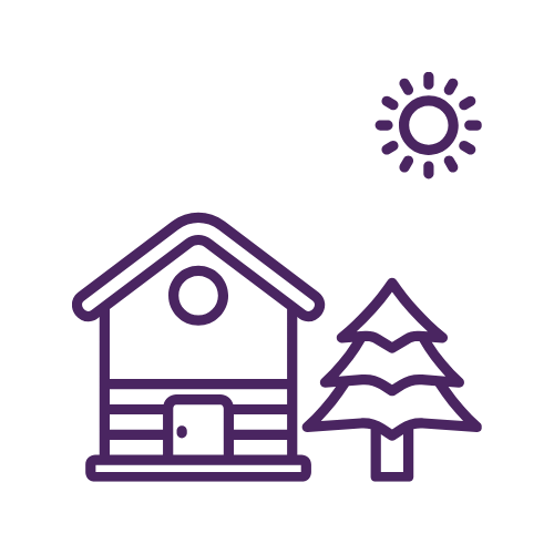 Outline drawing of a house, a pine tree, and a sun in the sky.