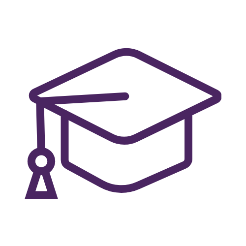 Purple outline of a graduation cap on a black background.