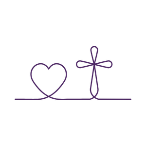 Outline of a heart and an ankh symbol connected by a line, drawn in purple.