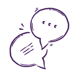 A purple cartoon speech bubble with a smaller tail and three small dots inside, indicating a conversation or thinking.