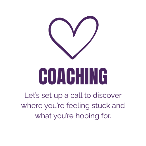 Purple heart with the word 'COACHING' underneath, followed by text about setting up a call to discover feelings and hopes.