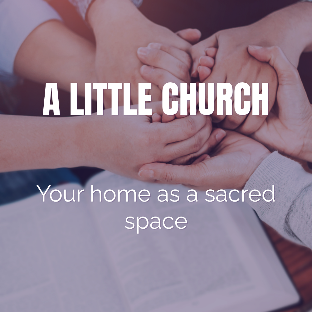 Multiple hands joined together in a circle with an open Bible below, symbolizing community and faith.