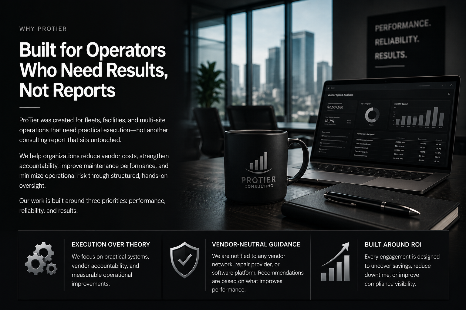 A promotional webpage for ProTier consulting company with text and a dark office background. The text highlights the company's focus on operational results for fleets, facilities, and multi-site operations, emphasizing performance, reliability, and results. The image shows a laptop with data charts on the screen, a black mug with the ProTier logo, a black notebook, and a pen on a wooden table, with a cityscape view through large windows in the background.