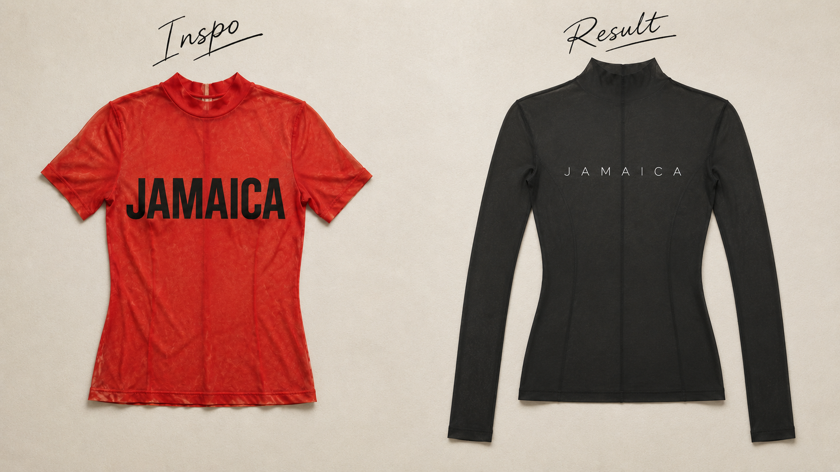 Two pieces of clothing, a red sports jersey on the left labeled 'Inspo' and a black fitted jacket on the right labeled 'Result', both with the word 'JAMAICA' printed on the front.