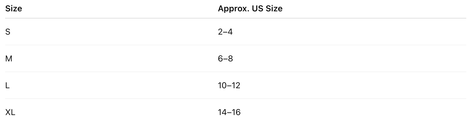 Sizing chart with columns labeled 'Size' and 'Approx. US Size,' listing sizes S, M, L, and XL with corresponding US size ranges 2-4, 6-8, 10-12, and 14-16.