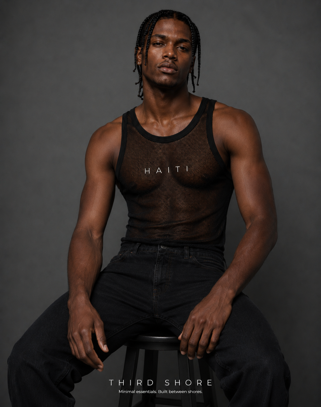 Man with braids sitting on a stool, wearing a black mesh tank top with 'HAITI' printed on it and black pants, against a dark grey background.