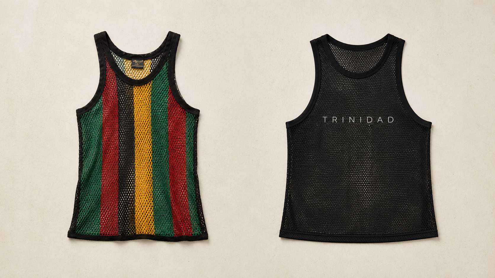 Two black mesh tank tops with different designs. The left tank top has red, yellow, green, and black vertical stripes. The right tank top has the word "TRINIDAD" printed on the front.